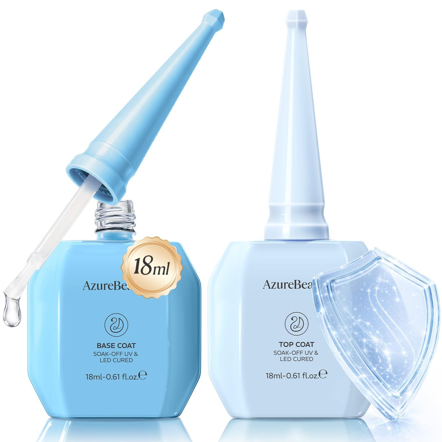 AZUREBEAUTY 18ml Gel Base and Top Coat Set – No Wipe High Gloss Soak Off UV/LED Nail Polish, Long-Lasting Clear Gel for Smooth Shiny Manicure
