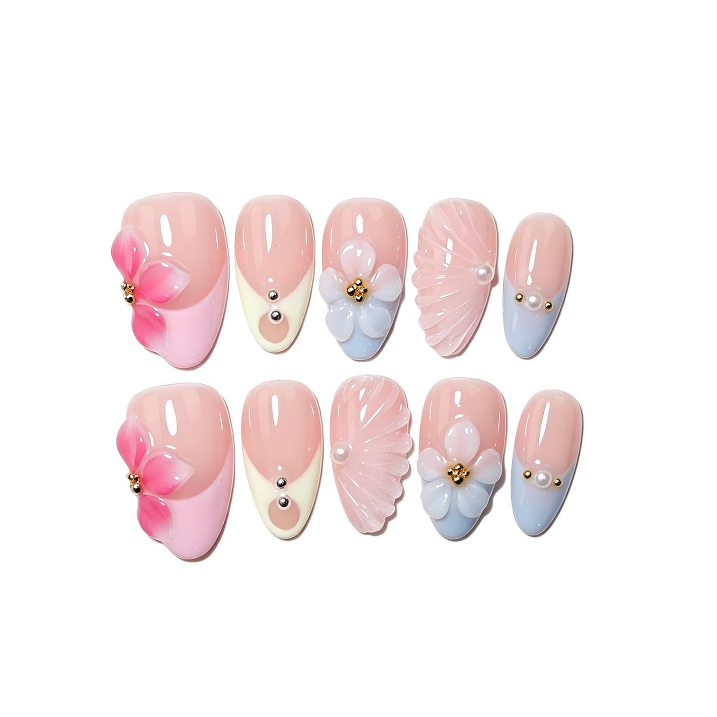 Handmade Short Almond Press On Nails - Easy Apply & Remove | Reusable Nude French Nails with Blue 3D Floral Accents (10 Pcs)