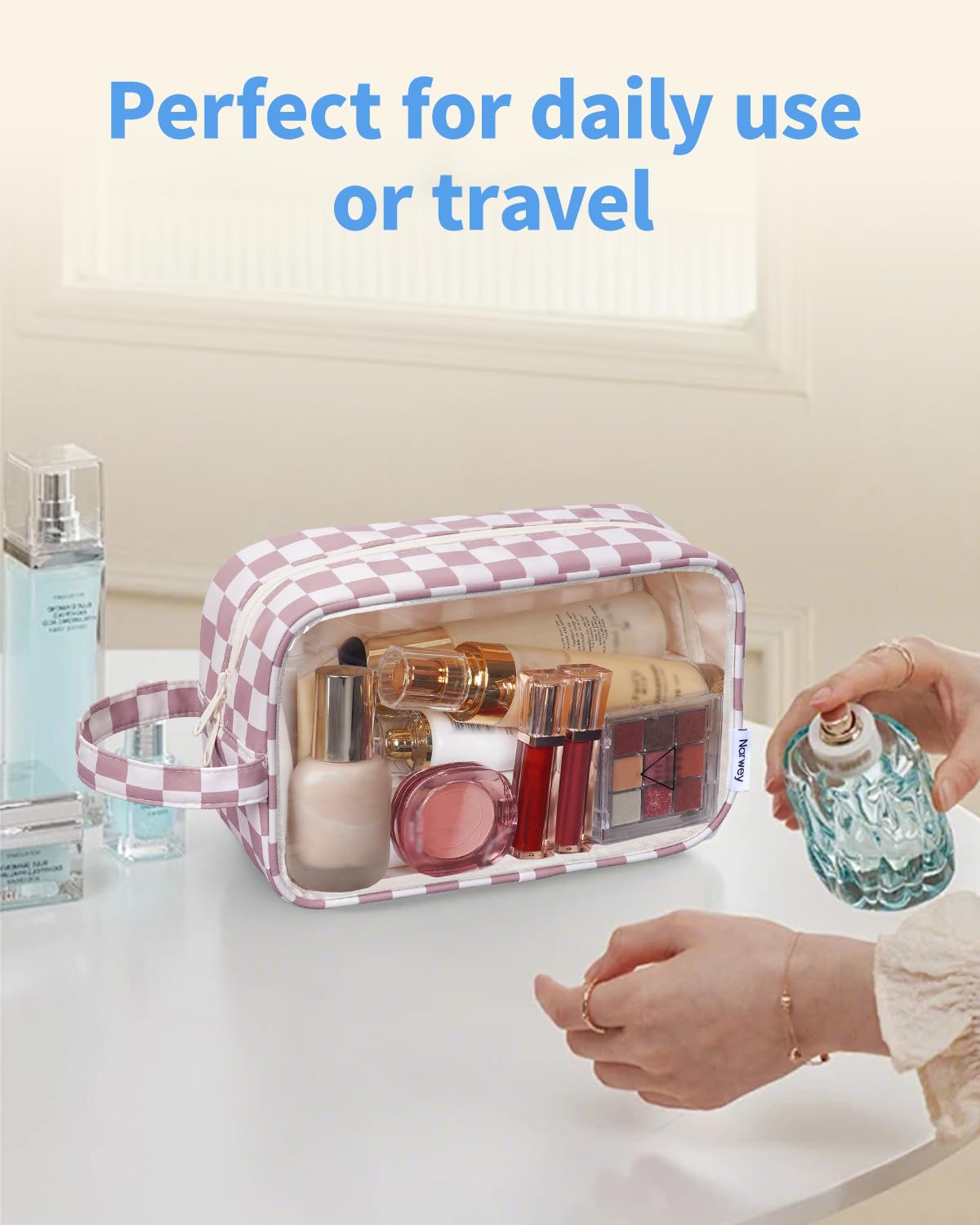 Narwey Clear Toiletry Bags for Traveling Women Men, Clear Travel Bags for Toiletries Makeup Bag Cosmetic Bag with Zipper, Make Up Organizer, Skincare Bag (Dusty Pink Checkerboard)