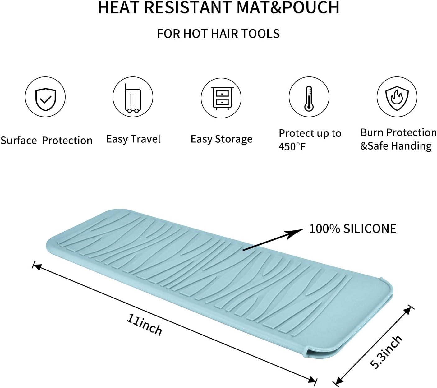 Silicone Heat Resistant Mat for Hair Styling Tools - Grey Flat Pouch | 11 x 5.3 Inches, 480°F