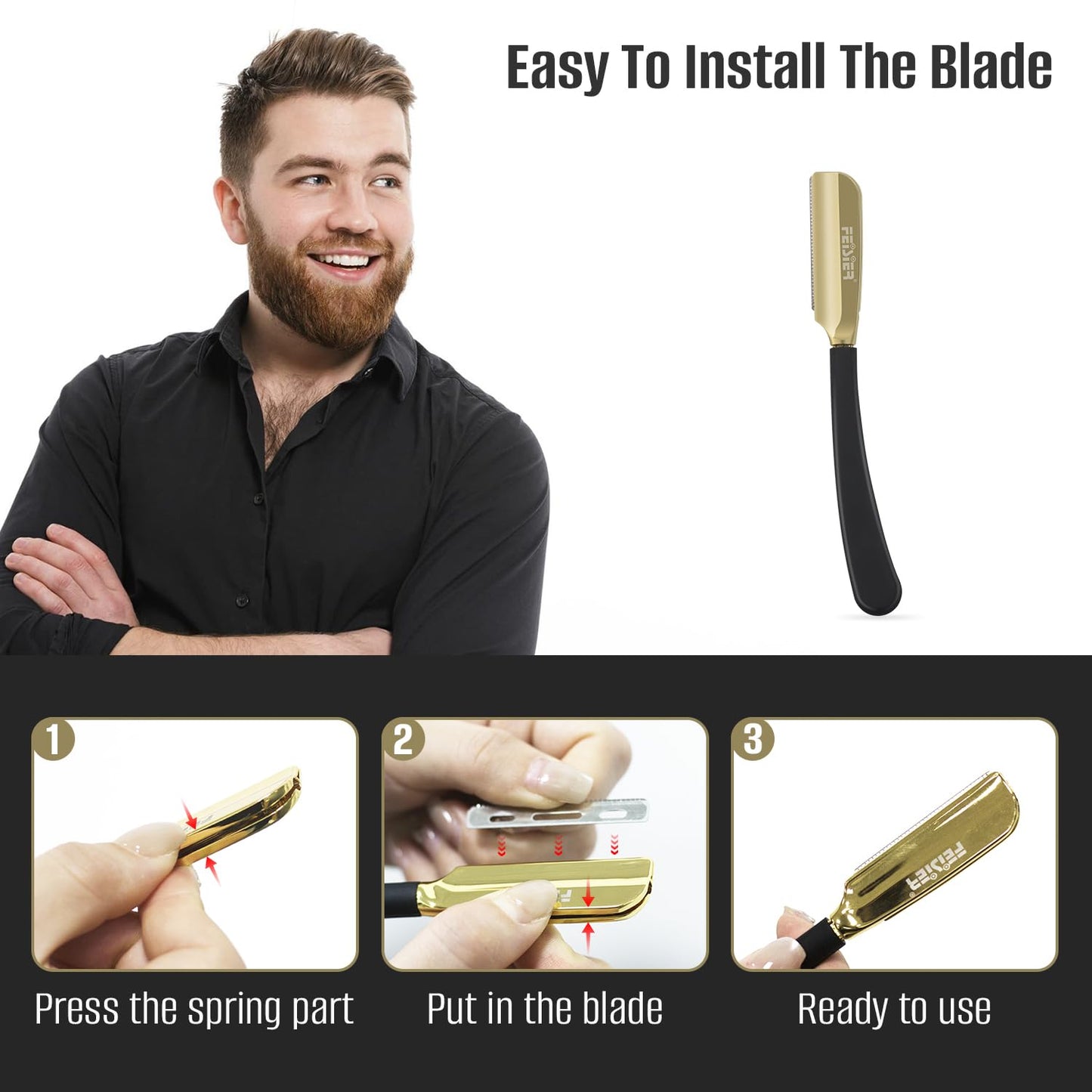 FEISIER Straight Razors for Men, Professional Straight Single Edge Razor Kit, Silicone Handle Straight Razor with Guard,Stainless Steel Barber Razor for Shaving,Salon Shavette,10 Blades Included