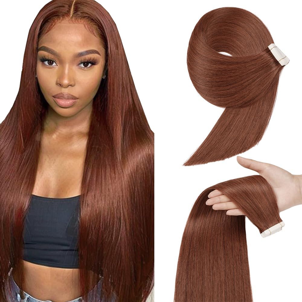 28 Inch #33 Reddish Brown Tape in Extensions Human Hair Copper Straight Tape ins Hair Extensions Auburn Brown Hair Skin Weft Remy Hair 40g 10Pcs.