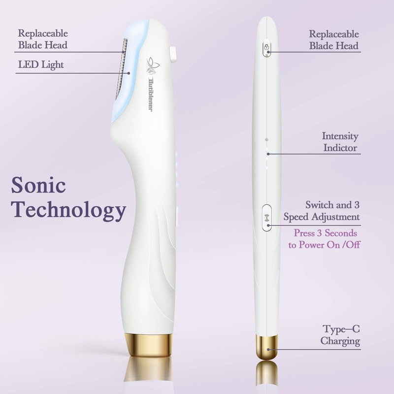 Dermaplane-razor for Women Face,Sonic Dermaplane,Sonic Dermaplaning Tool,Face Shaver Facial Hair Removal & Peach Fuzz Romover + 12 Blades (White With Gold Accent)