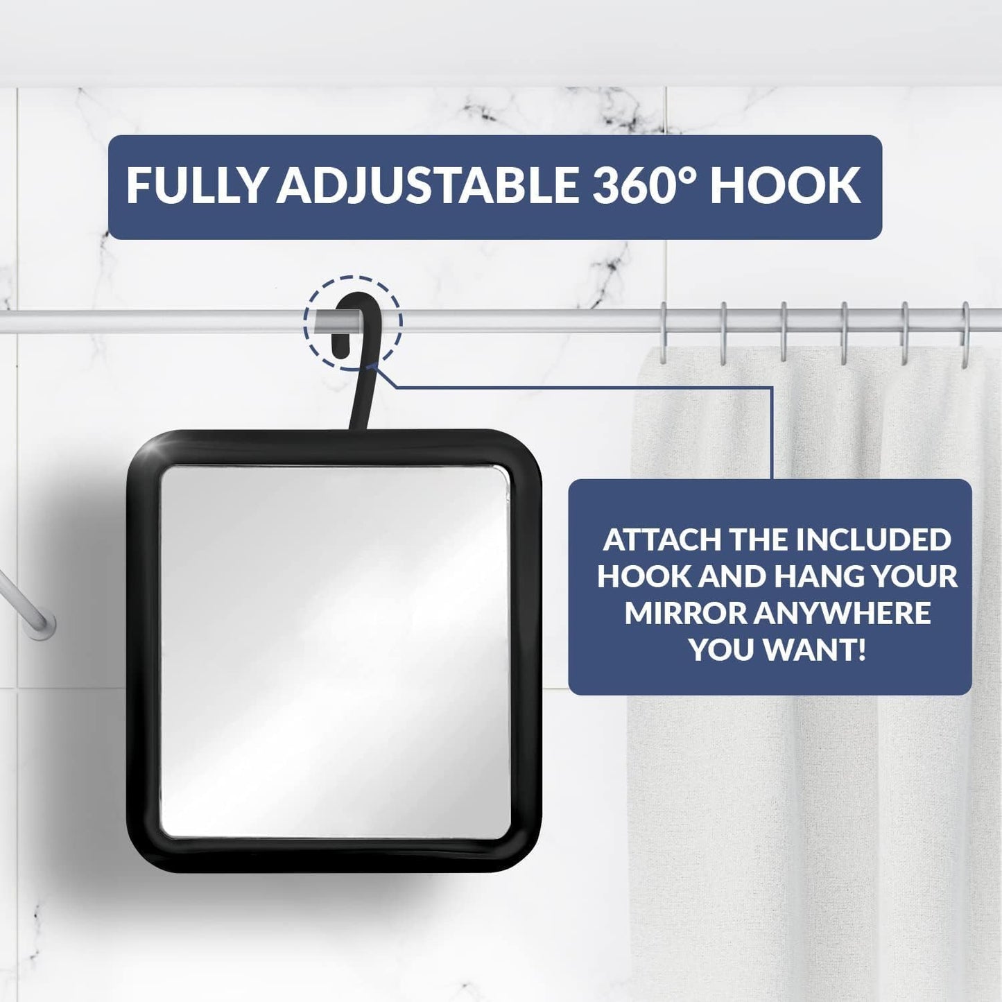 Hanging Fogless Shower Mirror for Shaving - 360° Rotatable, Anti-Fog, Shatterproof | 6.3" x 6.3" - Black
