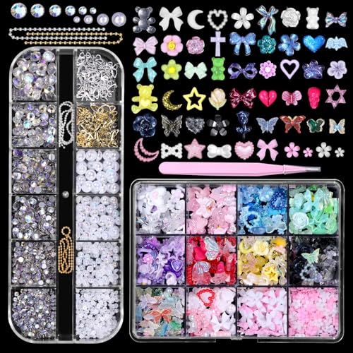 3D Nail Art Charms Set with Pearls & Gemstones - 24 Assorted Designs
