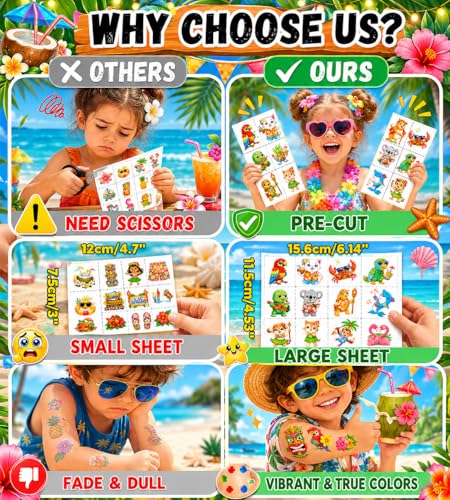 96pcs Hawaiian Temporary Tattoos - Tropical Beach Designs