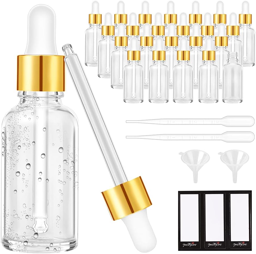 Glass Eye Dropper Bottles - 24 Pack 0.5oz Amber Leakproof Bottles with Golden Caps | Perfect for Essential Oils, Tinctures, Travel