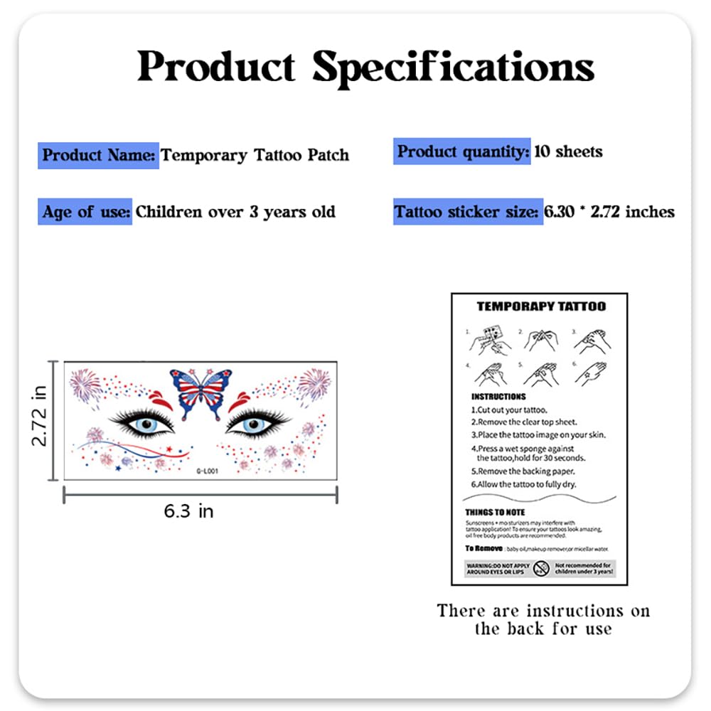 4th of July Face Tattoo Stickers for Adults, 10 Sheets Independence Day Temporary Tattoos, USA Flag Red White Blue Patriotic Party Supplies, Fake Tattoos for Face Makeup Eye Decor