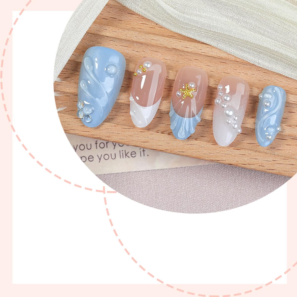 30Pcs French Tip Press on Nails Short Almond Fake Nails with 3D Pearl & Starfish Design Blue White Acrylic Nail Tips Full Cover False Nails Reusable Summer Glue on Nails for Women DIY Manicure