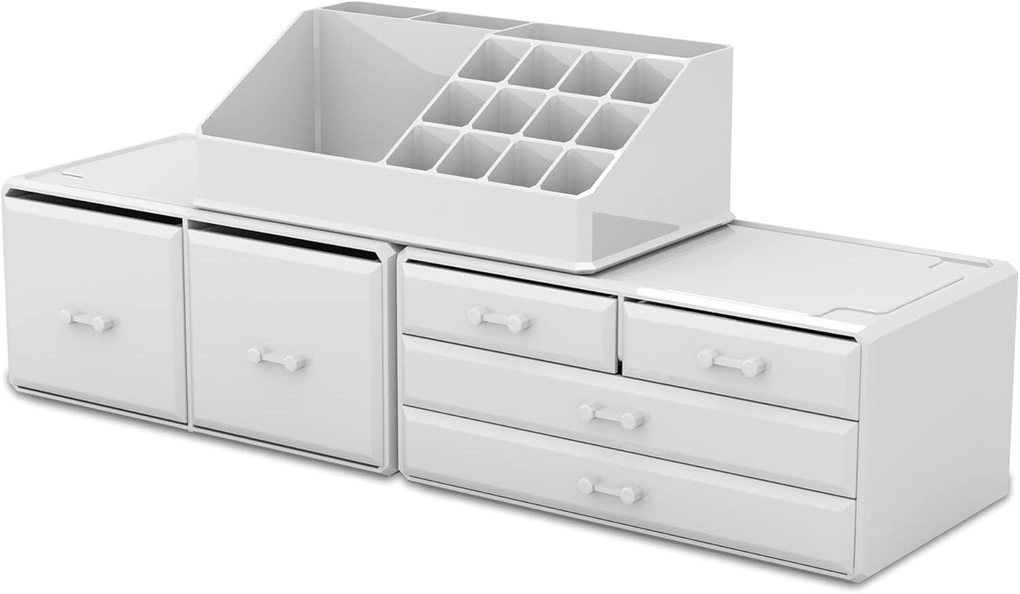 Makeup Organizer - 3-Piece Cosmetic Storage Case with 6 Drawers | White