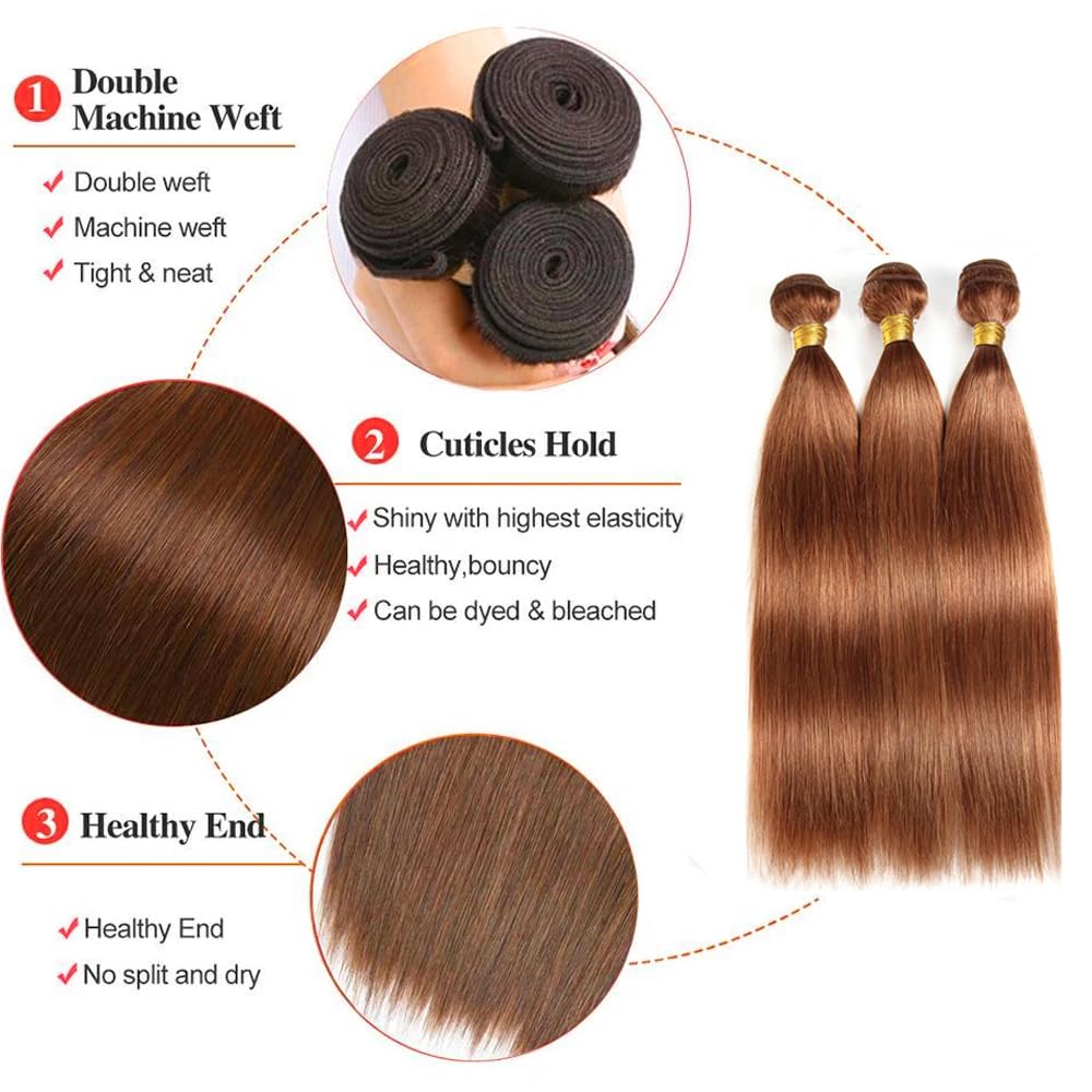 18 18 18 Inch #30 Brown Bundles Human Hair Straight Bundles Light Brown Color Straight 3 Bundles 50g/Bundle Unprocessed Brazilian Virgin Weave Hair Extensions for Black Women