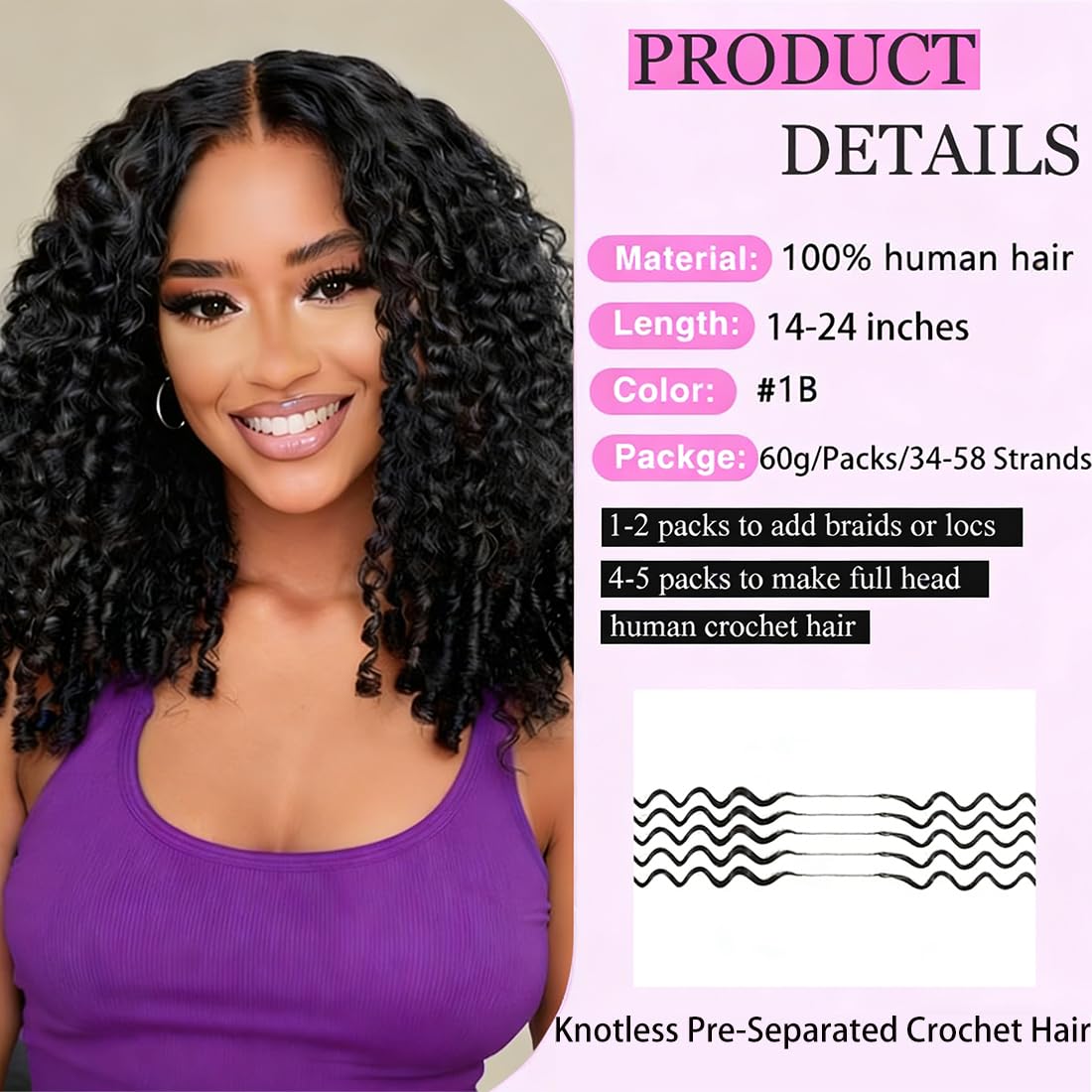 OLFORY Burmese Curly Human Crochet Hair for Black Women Curly Crochet Human Hair 60g Pre-Separated Feather Human Hair Crochet Bundles Lightweight Invisible Remy Hair Extensions Natural Black 20 Inch