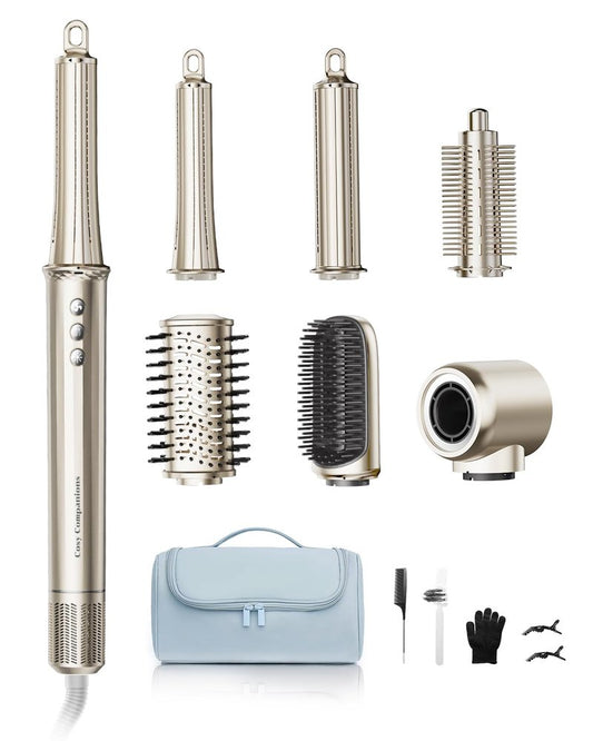 Cosy Companions 6 in-1 Hair Dryer Brush, 150,000 RPM High-Speed Negative Ionic, Blow Dryer Brush for Fast Drying, Hot Air Brush for Curling/Volumizing/Straightening with Travel Bag, Gold