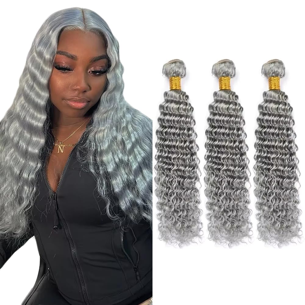 22 24 26 Inch Grey Bundles Human Hair Deep Wave 3 Bundles Brazilian Remy Hair 50 Grams/Bundle 10A Grade Unprocessed Virgin Hairs Silver Grey Deep Wave Bundle Weaves Extensions