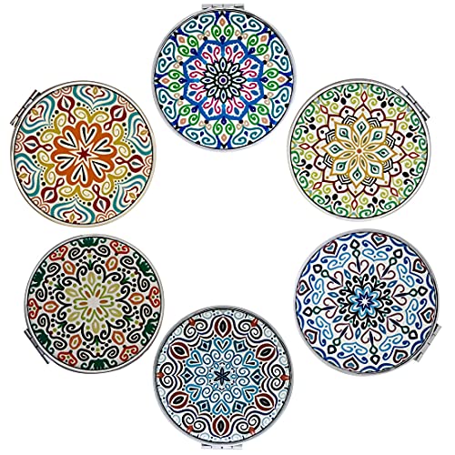 Blue Compact Mirror Set - 6 Handheld Folding Makeup Mirrors with Mandala Design, 2X Magnification