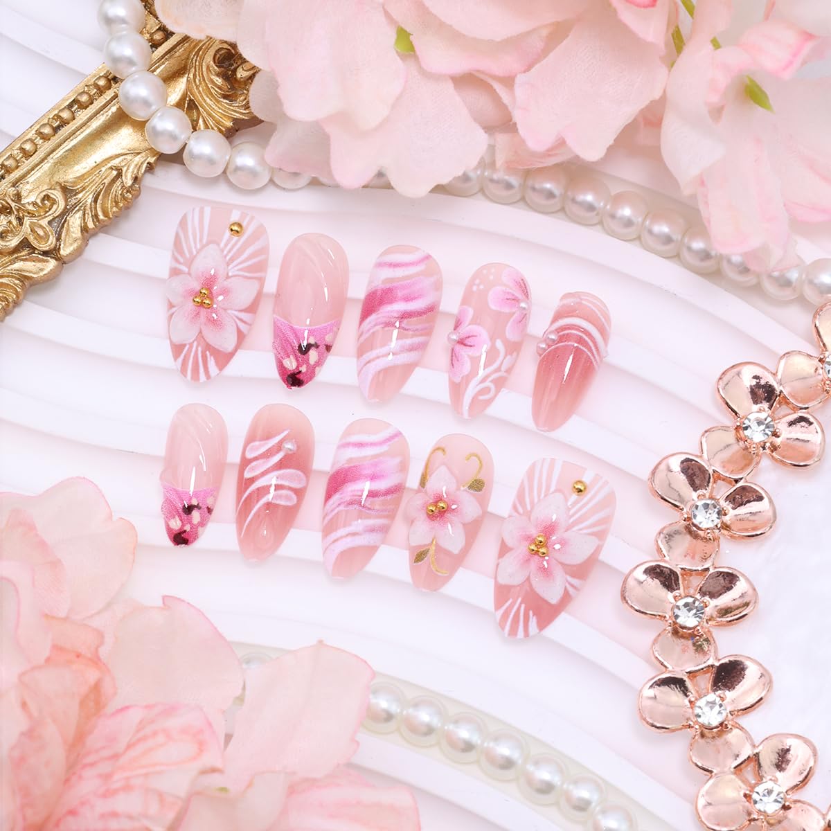 Short Almond Press-On Nails - 24 Pcs French Tip with Leopard Print & Gold Beads | Reusable Acrylic Nail Designs for Women