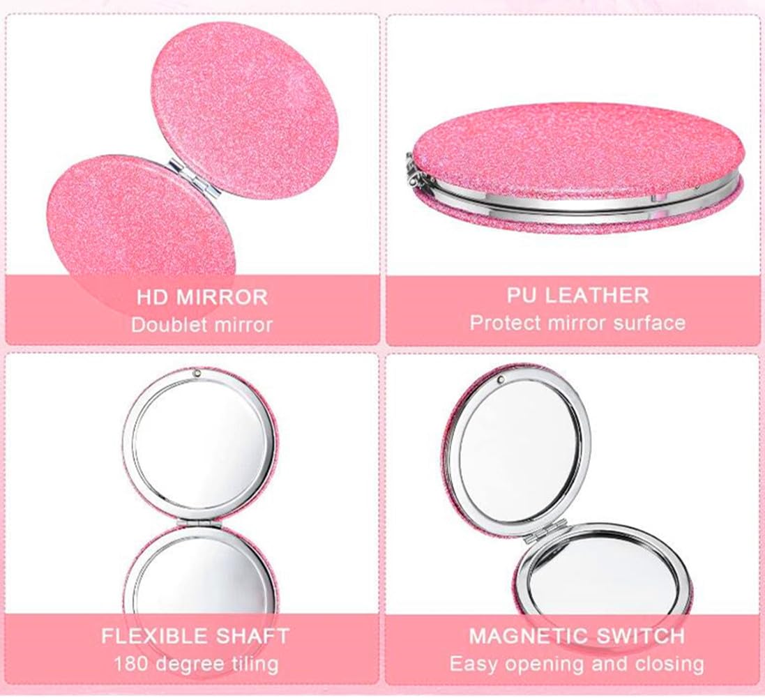 mpowtech Cute Pink Compact Mirror for Women,Small Magnifying Travel Mirror with Glitter,Portable 2 x 1x Magnification Folding Pocket Makeup Mirror Cosmetic Mirror for Gift Travel Essentials