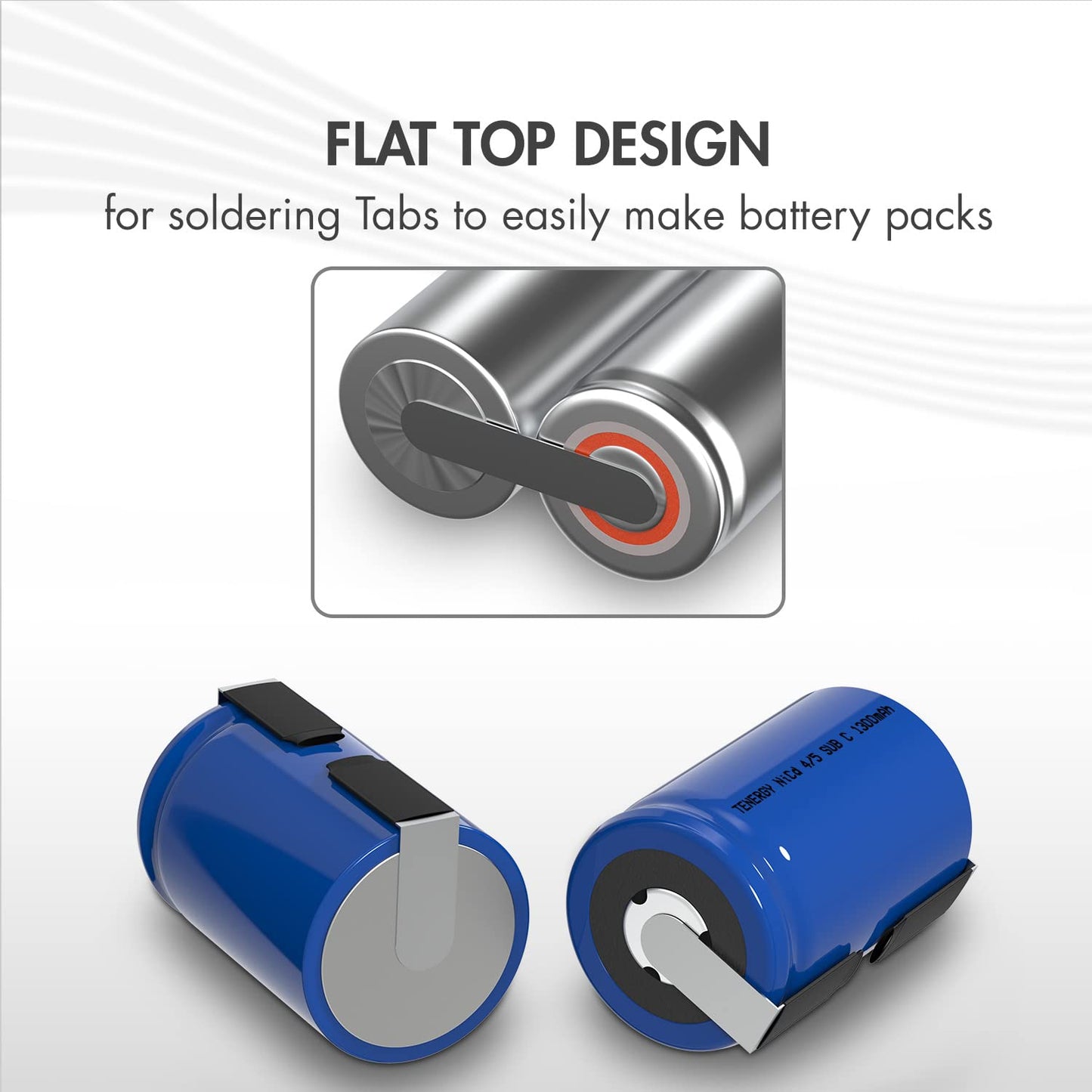 Tenergy 4/5 SubC 1.2 Volts 1300mAh NiCD Rechargeable Batteries with Tabs, Flat top, 15 Pack