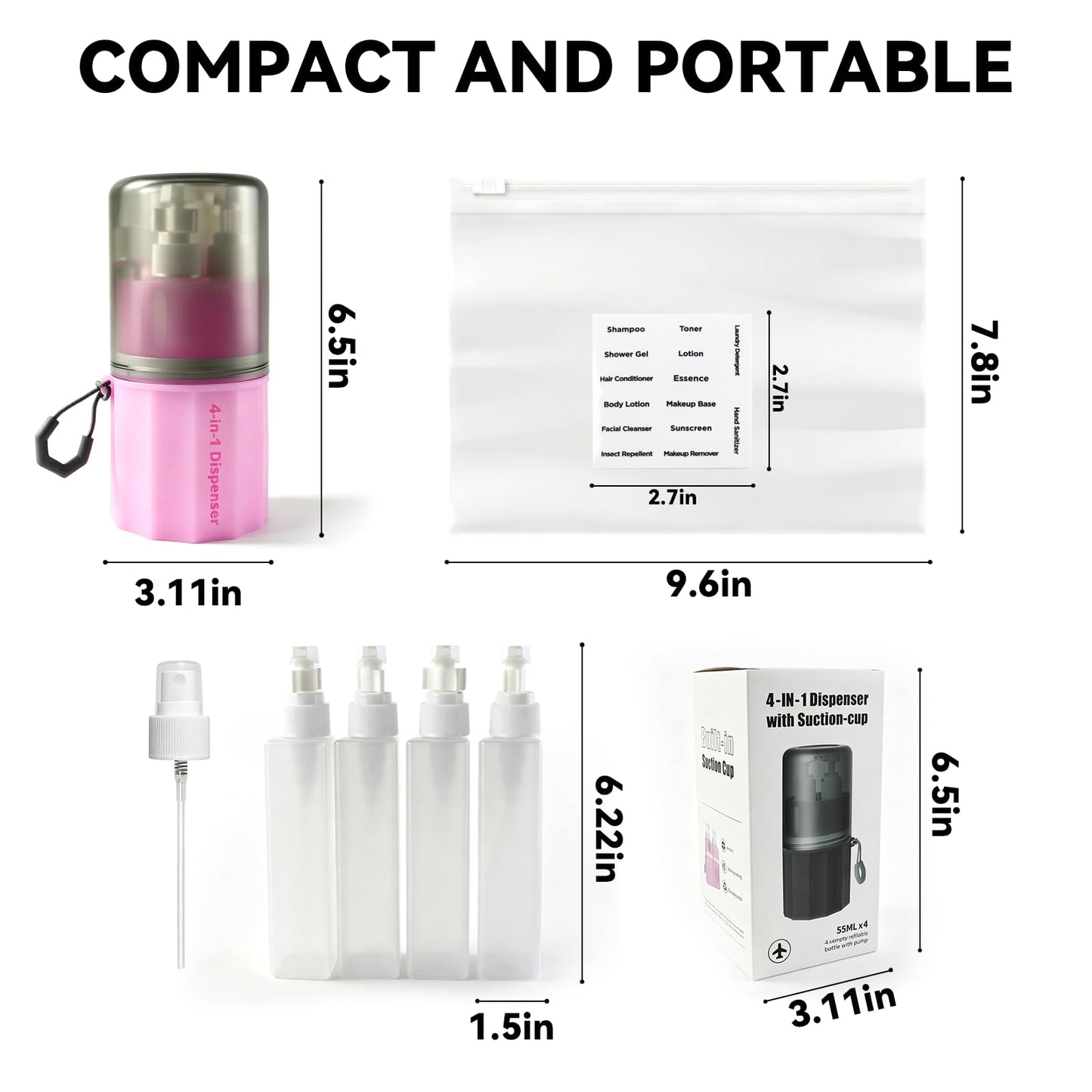 MORMID 4 in 1 Travel Dispenser，Unbreakable Silicone Travel Dispenser Bottle, Vacuum Suction Wall Mounted Refillable Containers,Leakproof Toiletry Containers for Shampoo, Lotion, Baby Care-Pink.