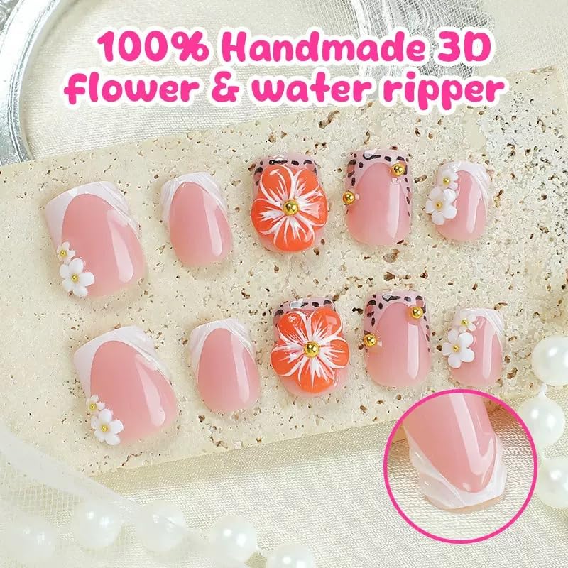 Leopard Print French Tip Press-On Nails with 3D Flowers - 24 Pcs