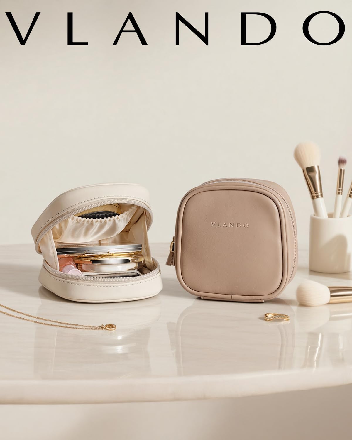 Mini Makeup Bag - Portable Travel Toiletry Organizer with Slip-in Pockets | Waterproof Design in Toffee