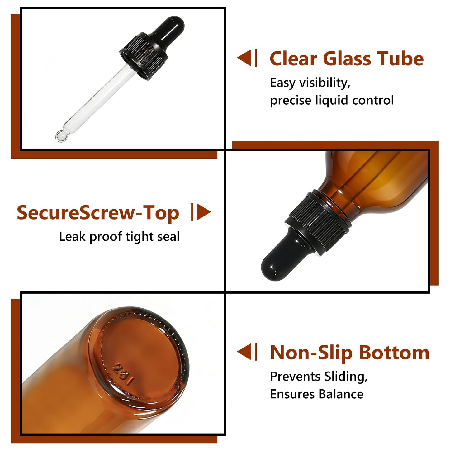turvono 48 Pack 2oz Amber Glass Dropper Bottles, 60ml Leakproof Eye Dropper Bottles with Glass Droppers for Essential Oils, Tinctures, Serum, Hair Oil & Travel Liquids