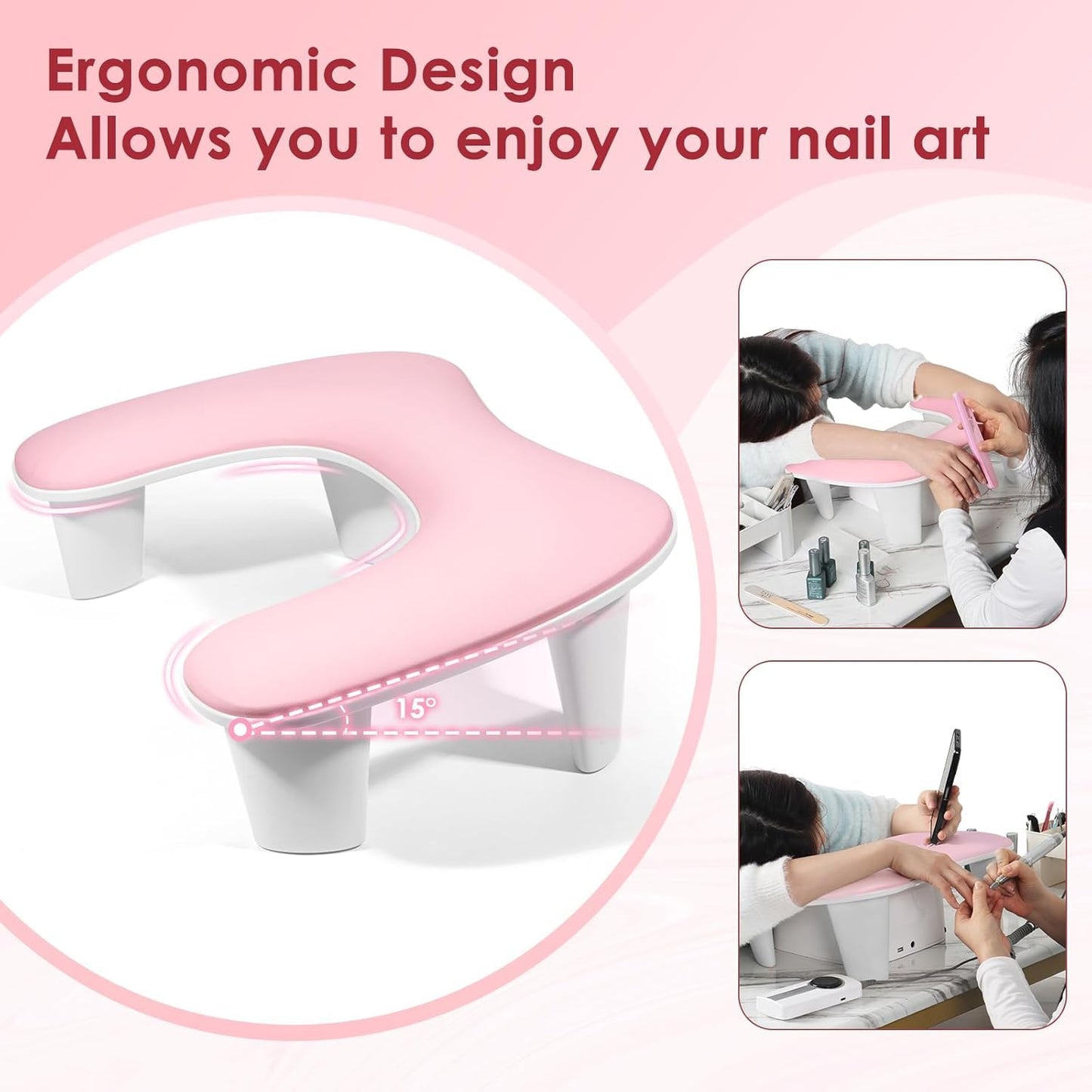 U-Shaped Nail Arm Rest Pillow - Microfiber Leather Cushion for Manicure | Pink Nail Tech Support