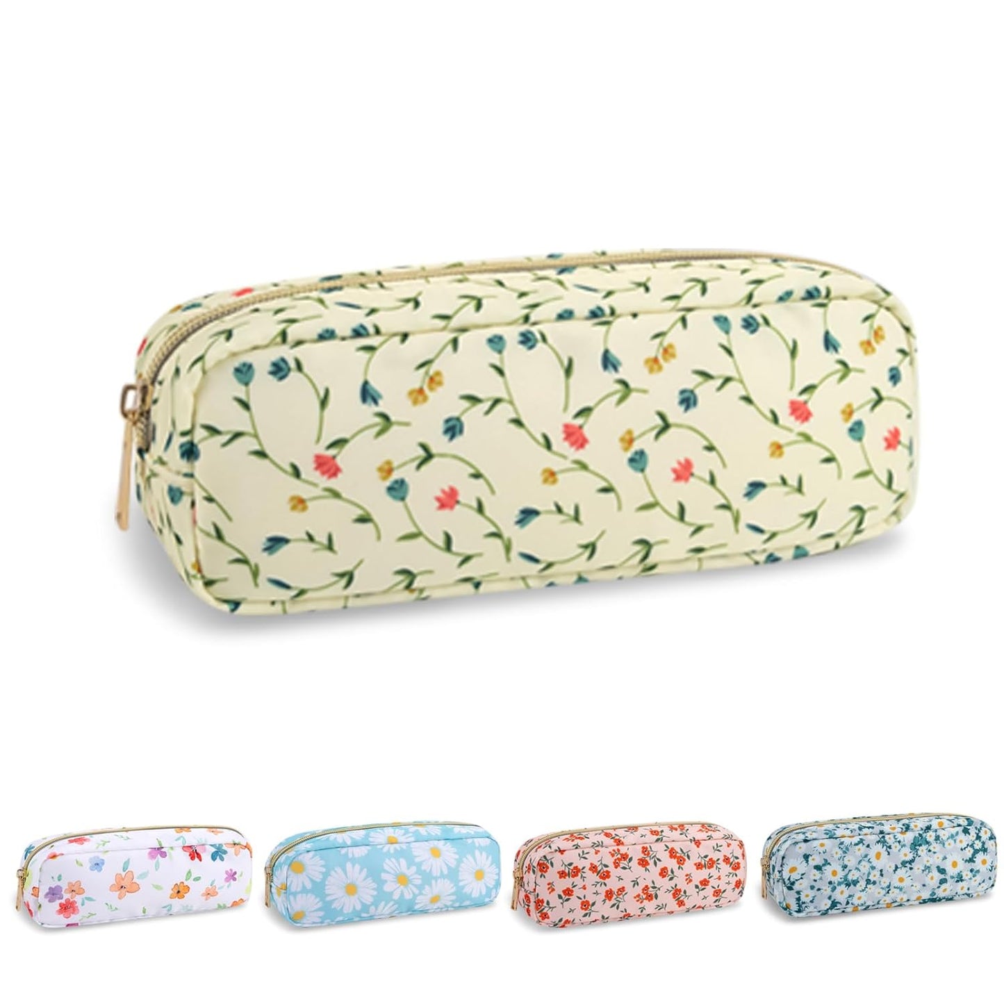 Waterproof Mini Floral Makeup Bag - Nylon Travel Pouch for Women | Cute Zipper Toiletry Organizer (Mini White-Flowers)