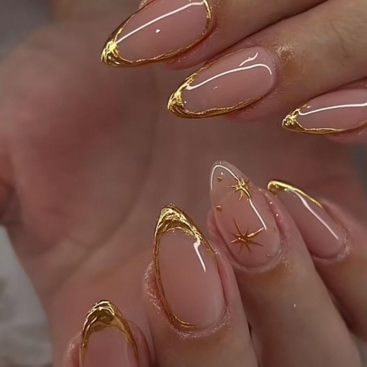 3D Gold Line French Tip Press-On Nails - Short Almond Glitter Light Nude | Handmade Acrylic Nails with 3D Pearl Designs