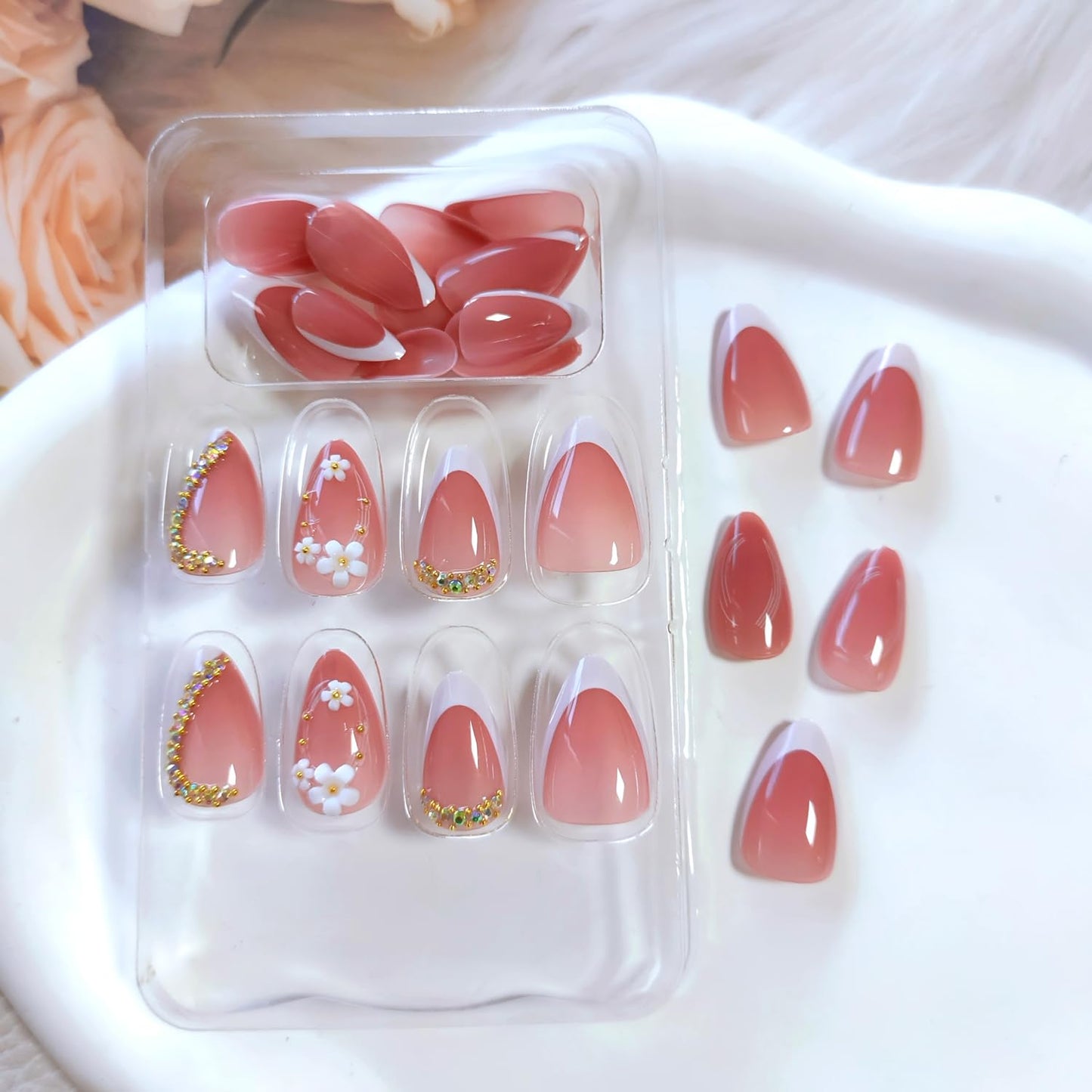 30Pcs White French Tip Press on Nails Medium Almond 3D Flower Fake Nails with Gold Rhinestone Designs Summer Pink False Nails Handmade Stick on Nails Artificial Nails Spring Glue on Nails for Women