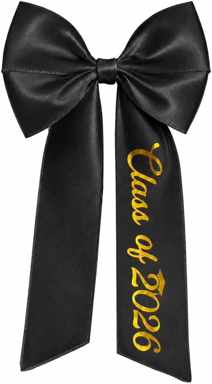 Graduation Cap Bow - Class of 2026 Satin Ribbon Hair Accessory | Black Embroidery Decor
