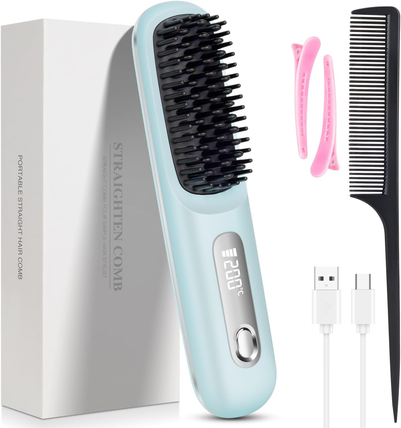 Go Brush Pro Cordless Straight Hair Brush - Portable Scald-Proof Mini Comb with 3 Temperature Settings & LED Display | Light Blue