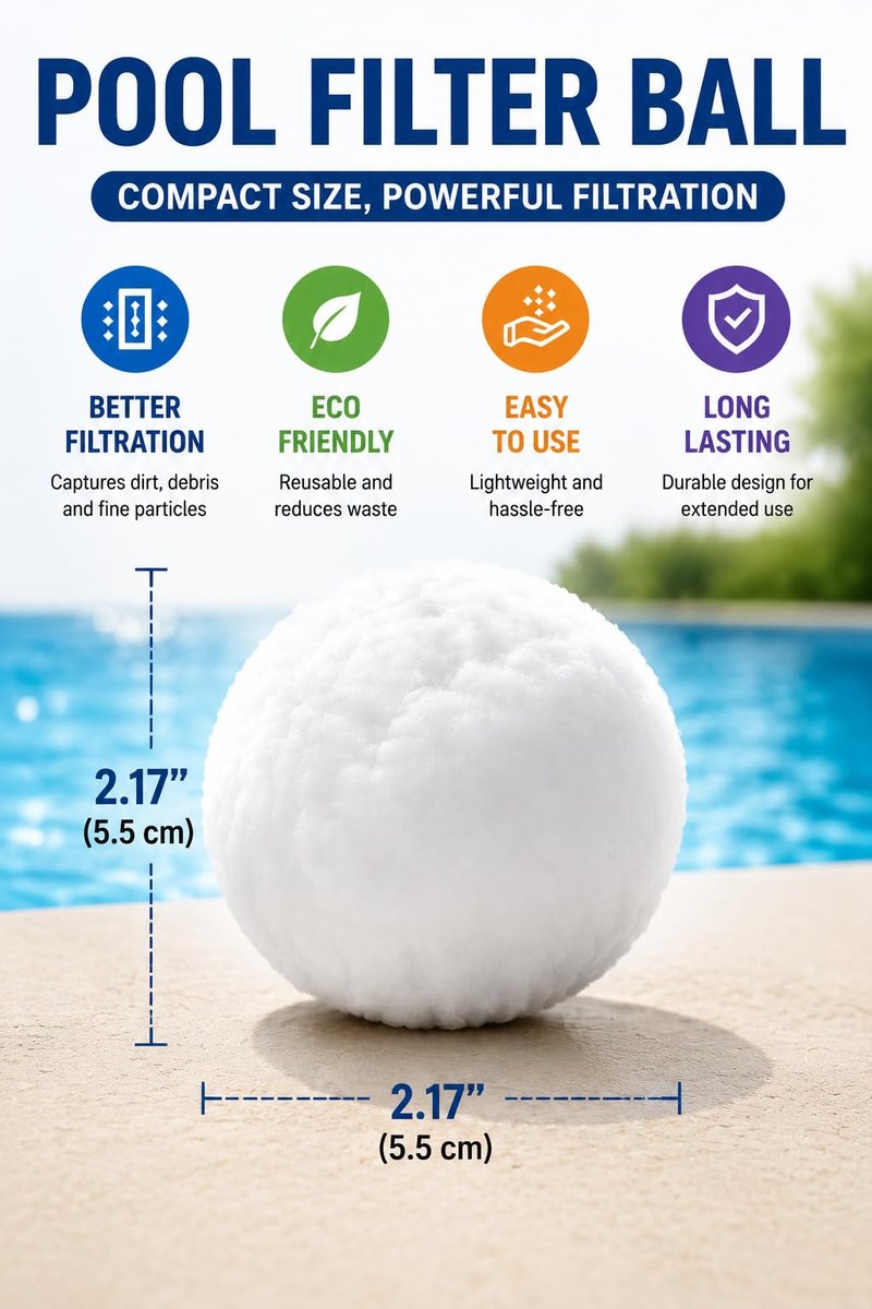 Makeforu 1.54 lbs Pool Filter Ball, for Swimming Pool Sand Filter, Lightweight Reusable Eco-Friendly Fiber Filter Ball, Replaces 50 lbs Pool Filter Sand (1, White)
