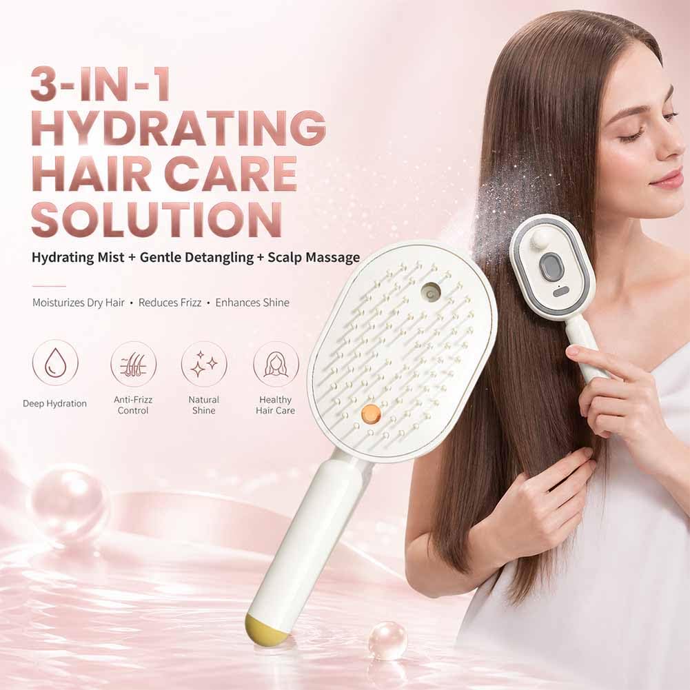 Electric Spray Air Cushion Massage Comb, 3-in-1 Rechargeable Steam Hair Brush with Water Mist, Self-Cleaning Anti-Tangle Air Cushion Comb, Anti-Frizz Hydrating Hair Brush for Dry Damaged Hair (Pink)