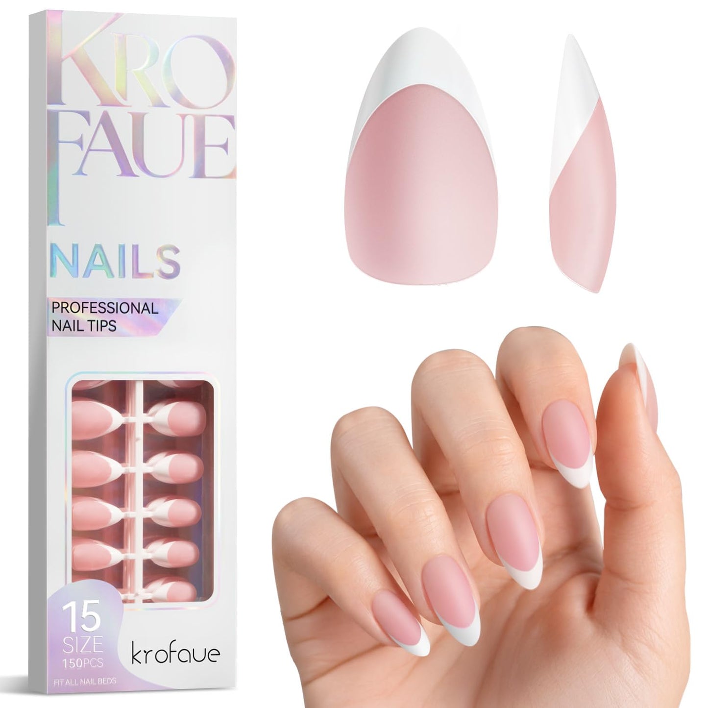 French Tip Short Almond Nail Tips - Pink Matte White Full Cover Press-On Nails | 15 Sizes for Salon & DIY Use