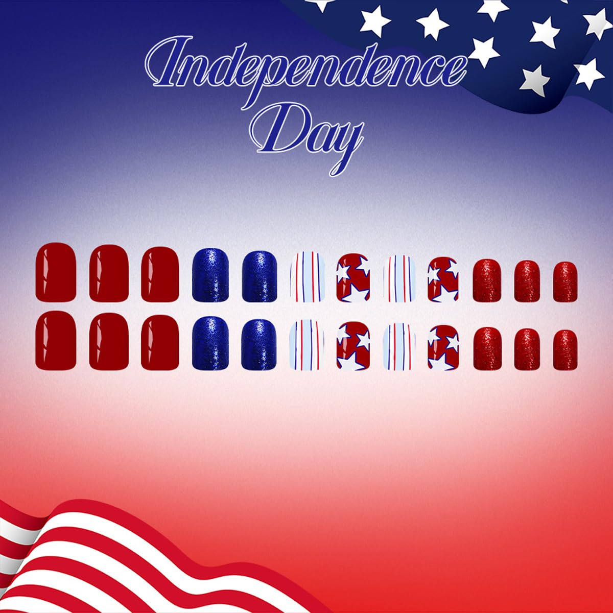 Patriotic 4th of July Press on Nails Short Square Fake Nails Red Blue Nails Press ons with Star & Stripe Design,Reusable Artificial Nails,24Pcs Nail Kit for Women Independence Day Manicure