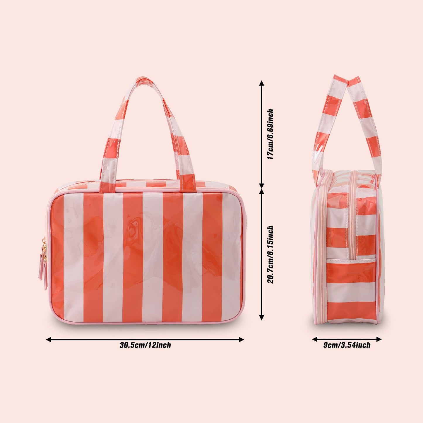 Travel Toiletry Bag for Women, Waterproof Clear Coated Portable Stripe Makeup Cosmetic Bag with Compartment, Travel Organizer for Shampoo, Conditioner, Brushes Set,Cosmetic Accessories(Pink-Orange)