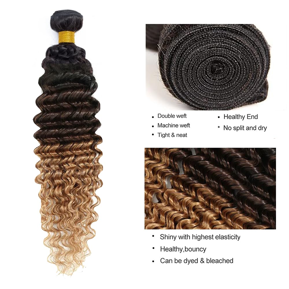 24 26 28 Inch T1B4/27 Ombre Blonde Bundles Human Hair Deep Wave 3 Bundles 100 Grams/Bundle 10A Grade Unprocessed Brazilian Virgin Hairs Ombre Bundles Weaves Hair Extensions For Women