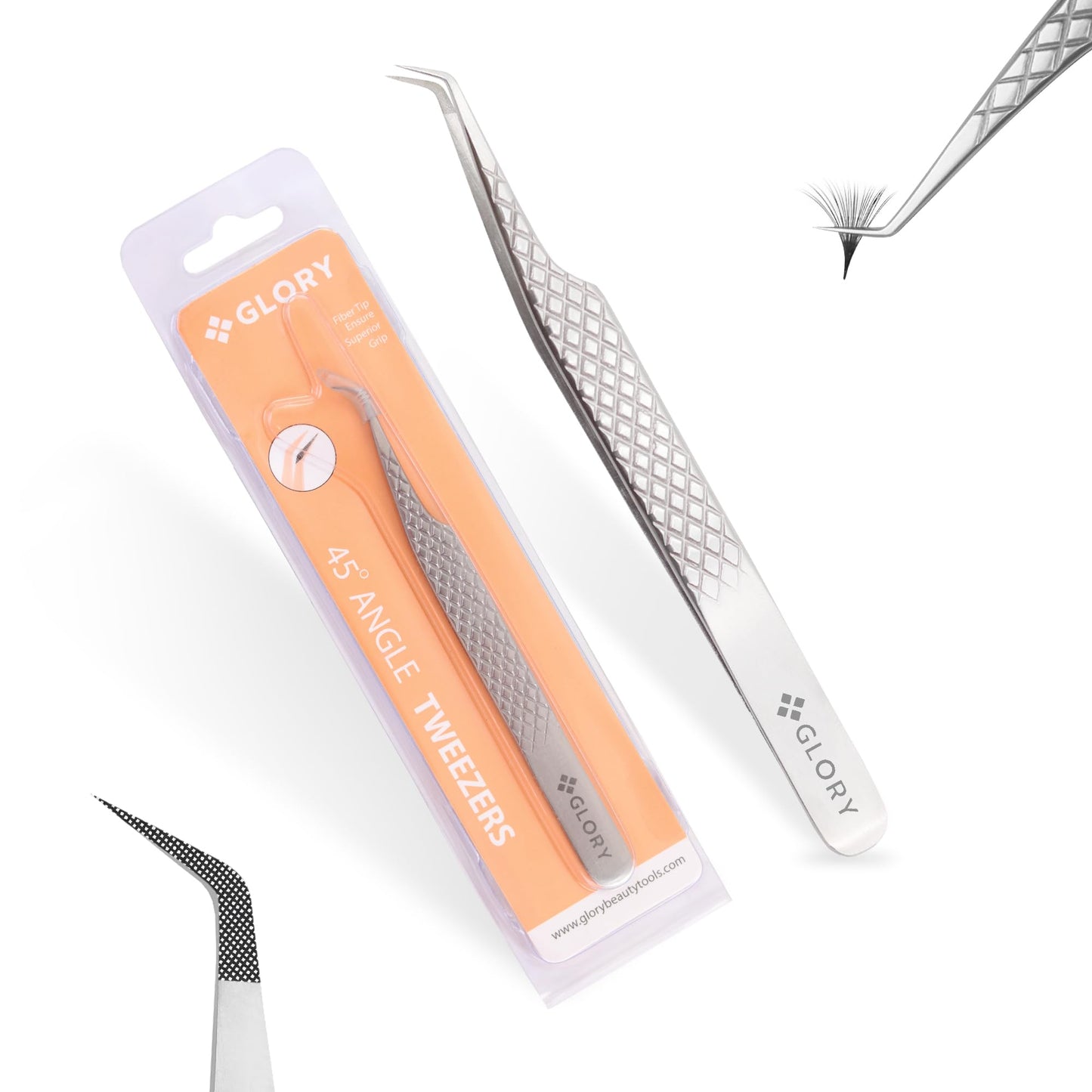 Glory Professional 45 Degree Angle Lash Tweezers for Eyelash Extensions, Precision Fiber Tip Diamond Grip Stainless Steel Lash Tool for Classic, Volume & Mega Volume Professional Lash Tech Supplies