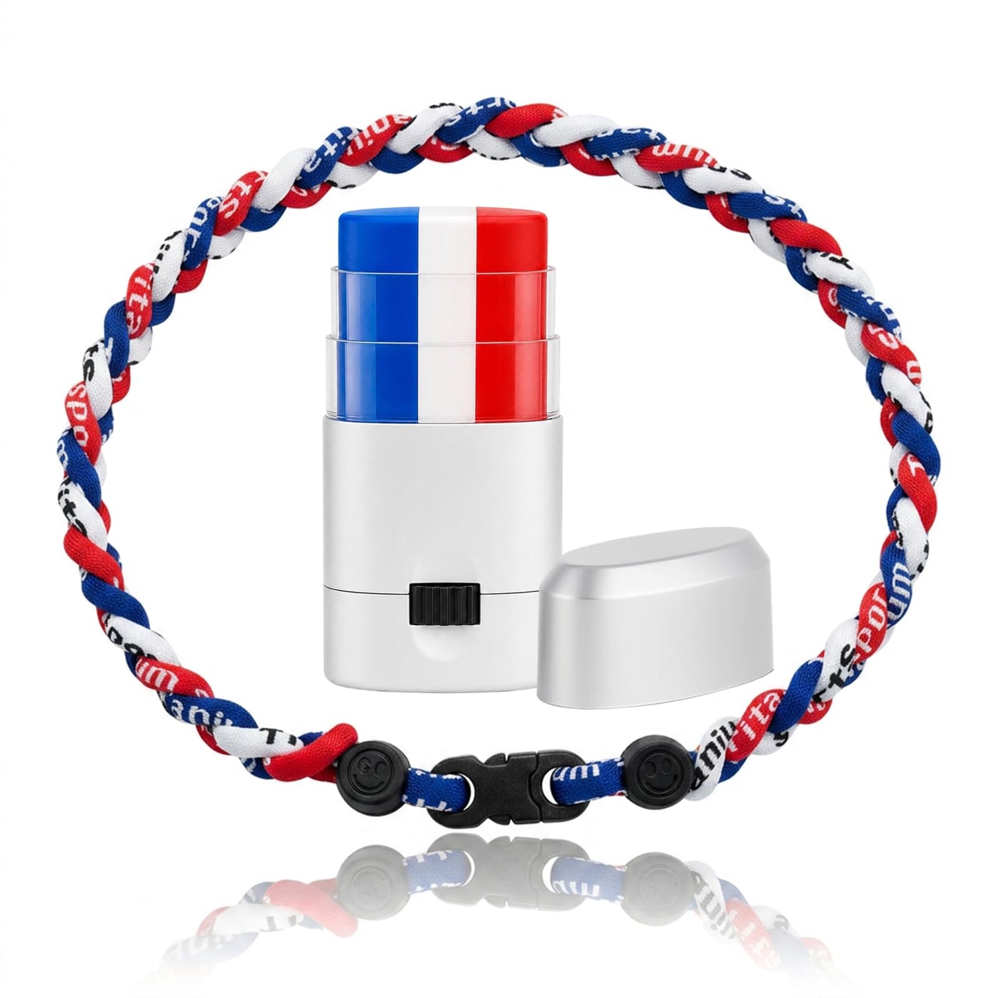 Go Ho Patriotic 2-in-1 Bundle: Red White and Blue Face Body Paint Stick and Baseball Necklace Nylon Tri-Braided Rope Tornado 18 Inch, 4th of July Accessories,USA Team Gifts for Baseball Fans