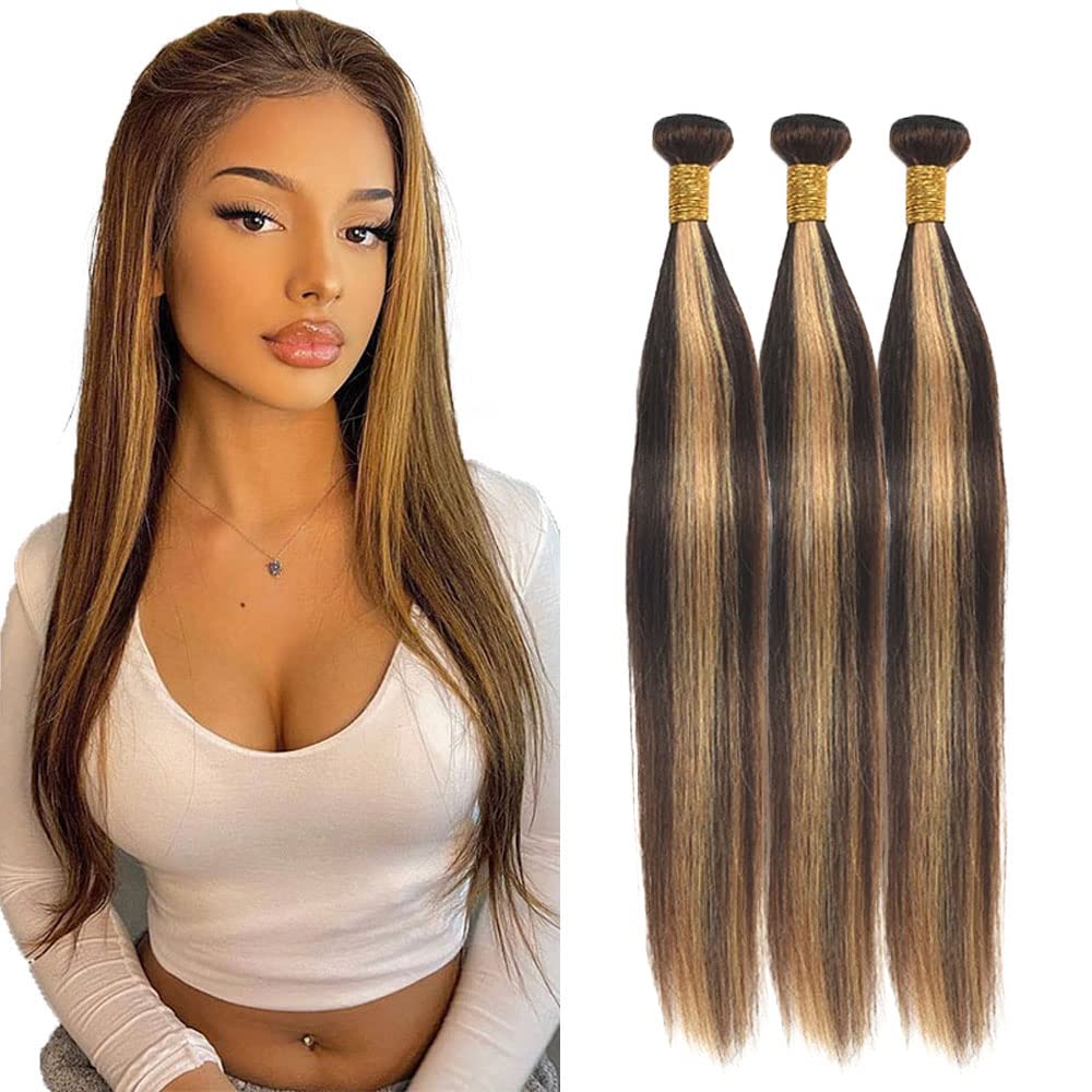 Honey Blonde Straight Bundles P4/27 Straight Bundle 22 24 26 Inch Brazilian Virgin Hair 3 Bundles Color 27 Hair Extensions