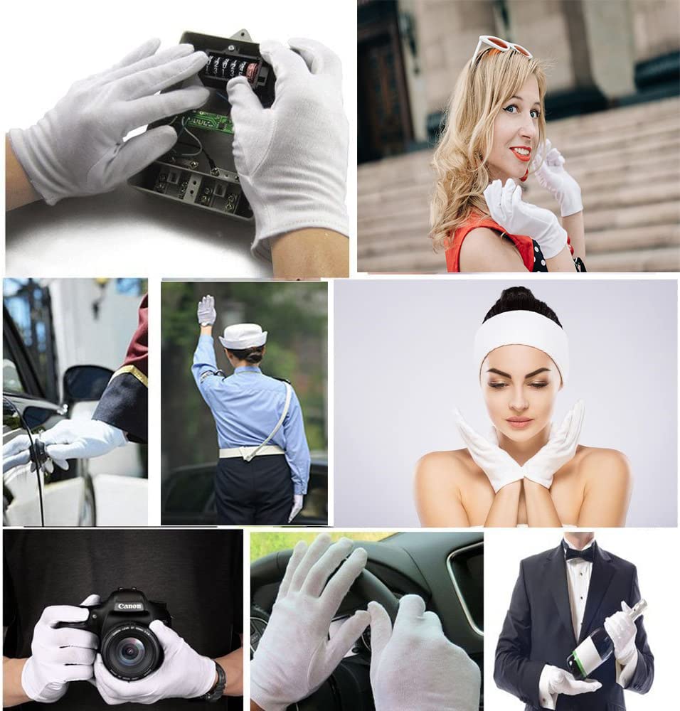 24 Pcs (12 Pair) White Cotton Gloves for Dry Hand Moisturizing, Cosmetic Eczema Hand Spa, Coin Jewelry Inspection, Checking and Serving - Stretchable Lining