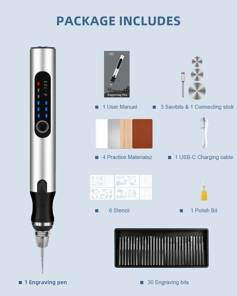 Upgraded Electric Engraving Pen, Wireless Engraving Pen Kit with 34 Bits & 3-Speed Adjust, Practice Materialse & Stencil, Rotary Tool for 60+ Surfaces Cordless Engraver Pen for Artists & DIY