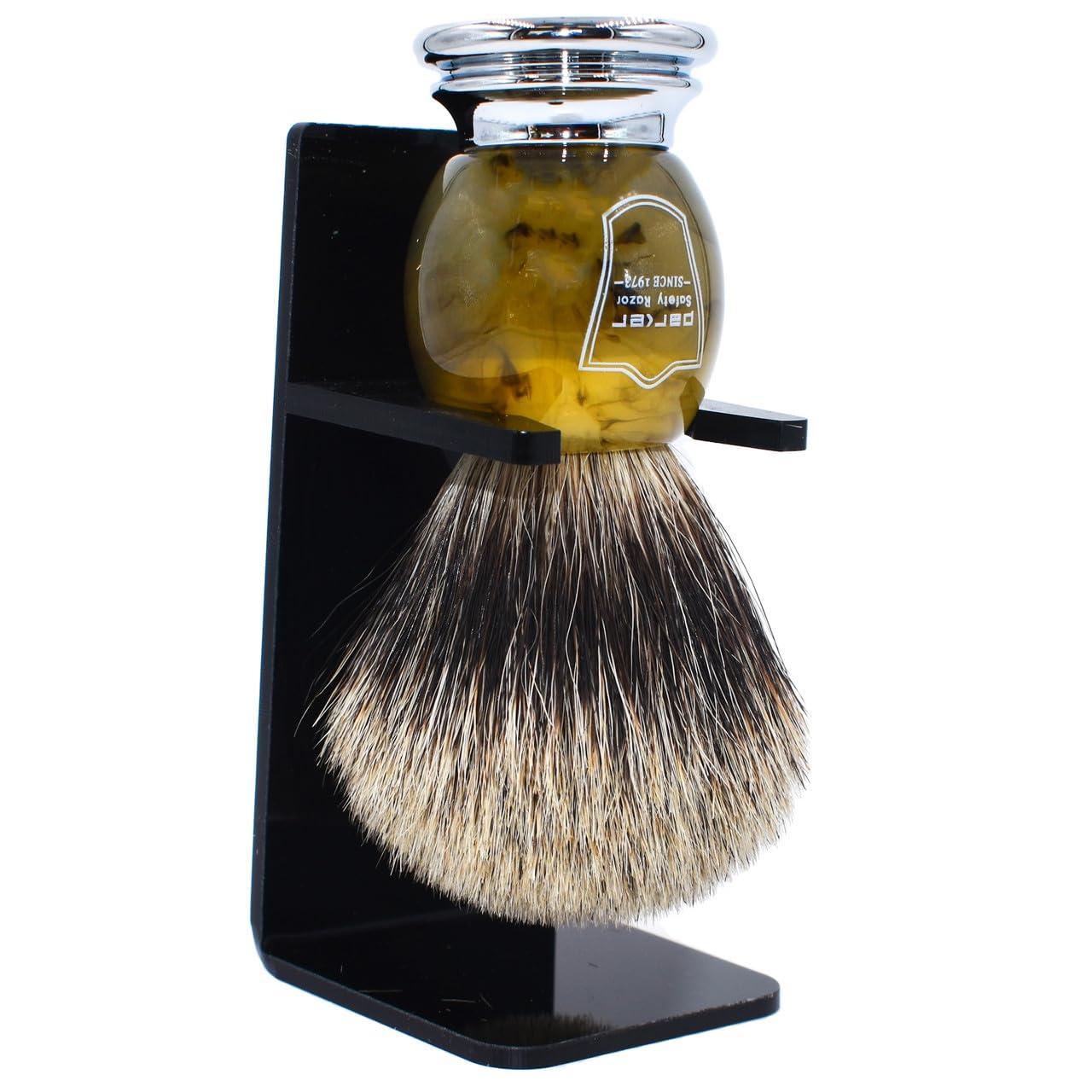 Parker 3-Band Pure Badger Shaving Brush with Faux Horn & Chrome Handle + Stand | 22mm Soft Knot for Dense Lather | Handcrafted Wet Shaving Brush for Cream or Soap | Long Loft