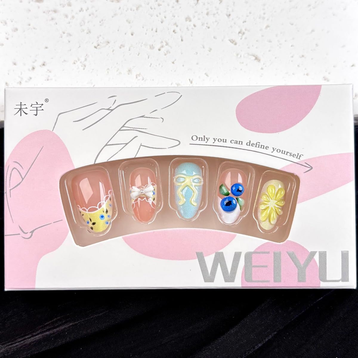 Press-On Almond Nails - Blue & Yellow Fruit Design | Reusable 30-Piece Nail Kit for Spring & Summer Manicure