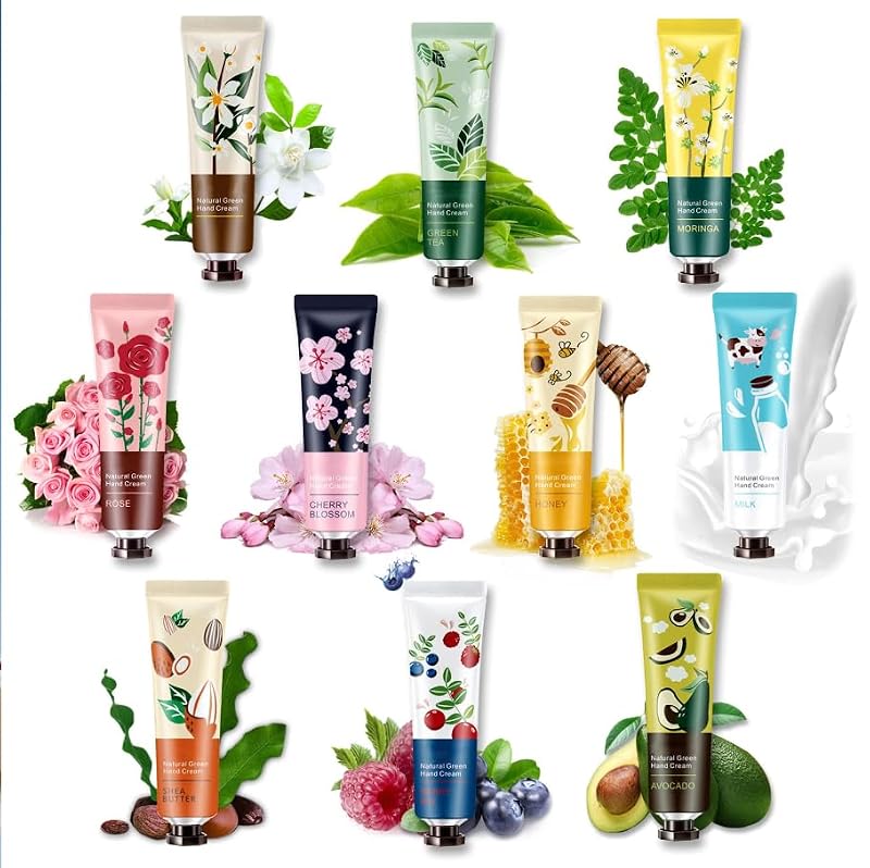 BKPPLZP 10 Pack Hand Cream Set Floral & Fruity, Natural Botanical Fragrance, Travel Size Moisturizer for Dry Hands, Women