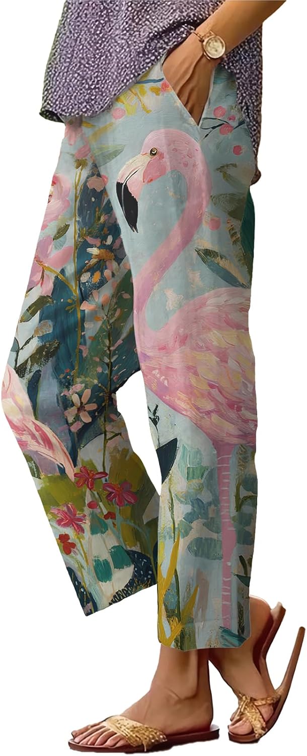Womens Plus Size Floral Boho Capris - Elastic Waist Beach Trousers | Casual Summer Pants
