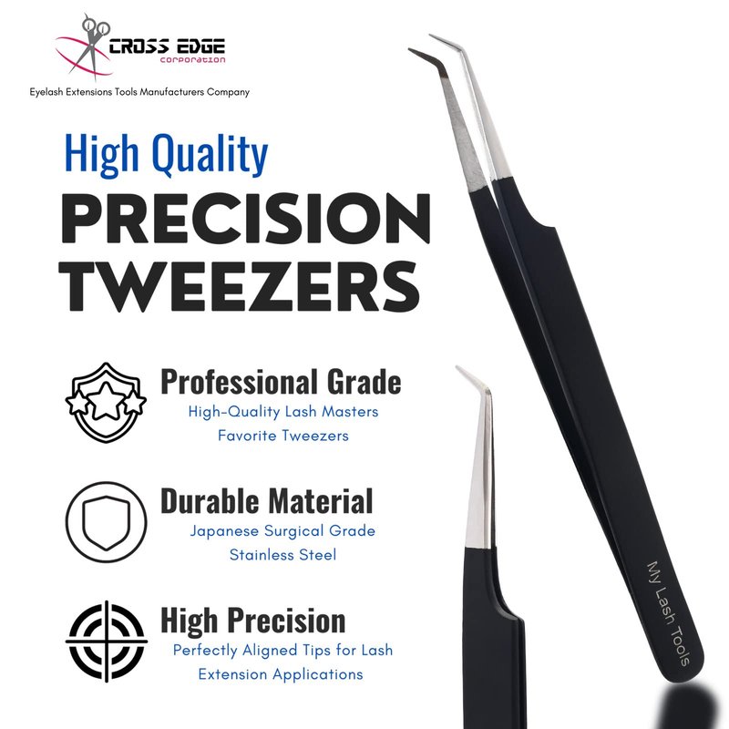 My Lash Tools Fiber Tip Lash Tweezers for Eyelash Extension Curved 45 Degree Angled Tweezer Best for Volume, Individual Isolation & Classic Lashes Stainless Steel Lash Supplies (Matte Black)