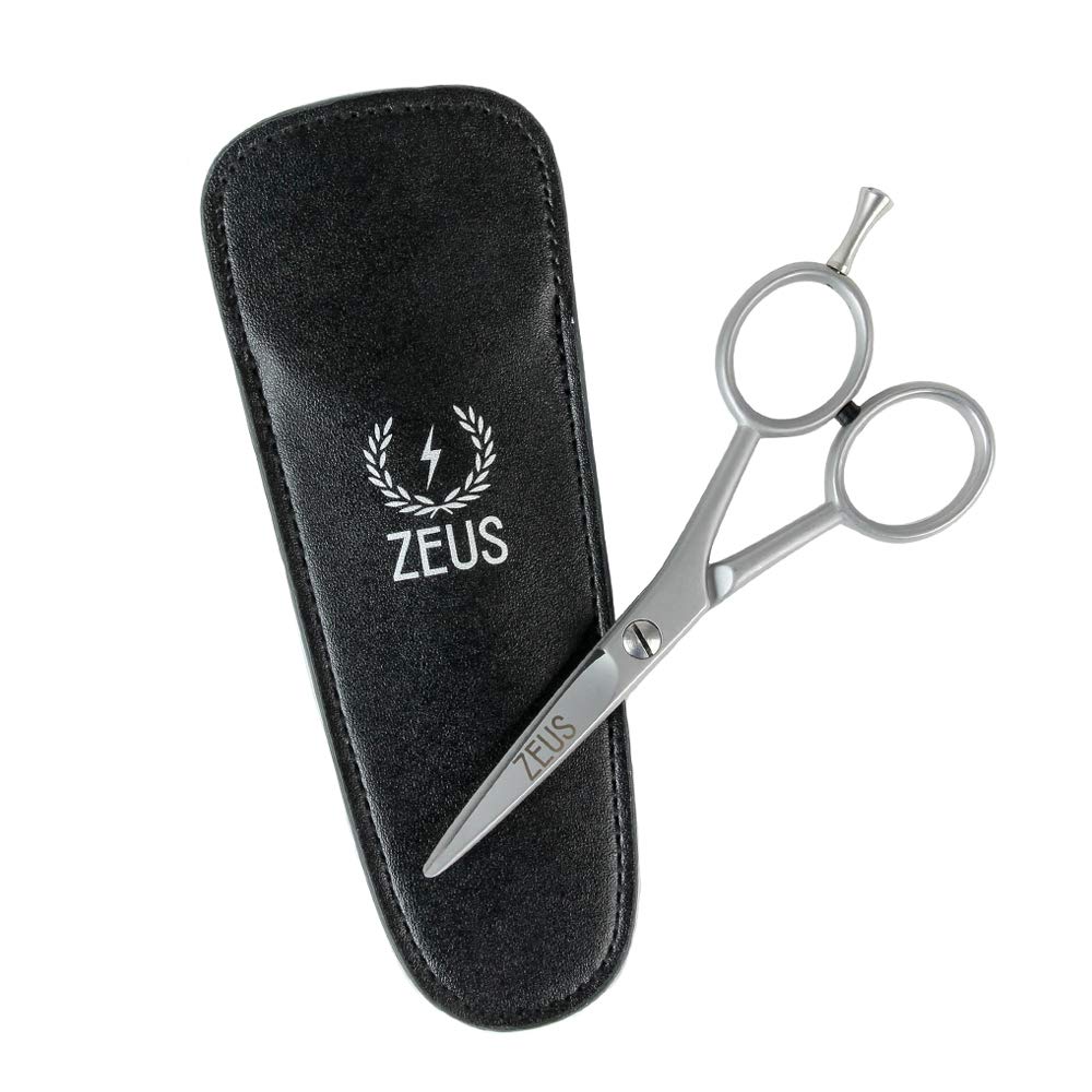 ZEUS Stainless Steel Beard Trimming Scissors with Leather Case, Facial Hair Clipping Tool for Barber Quality Beard & Mustache Trim, Great for Father's Day (Made In Germany)