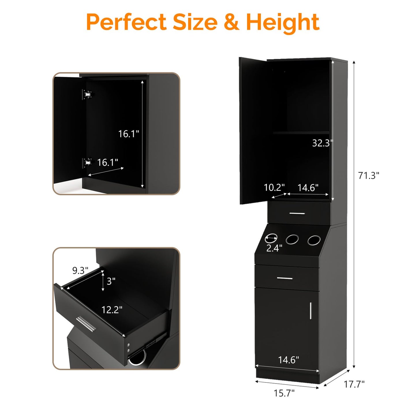 OmySalon Salon Station, Barber Stations with 2-Tier Storage Shelf with Door, Hair Styling Storage Cabinet with 2 Drawer, a Large Storage Cabinet & 3 Hot Tool Holders, Black
